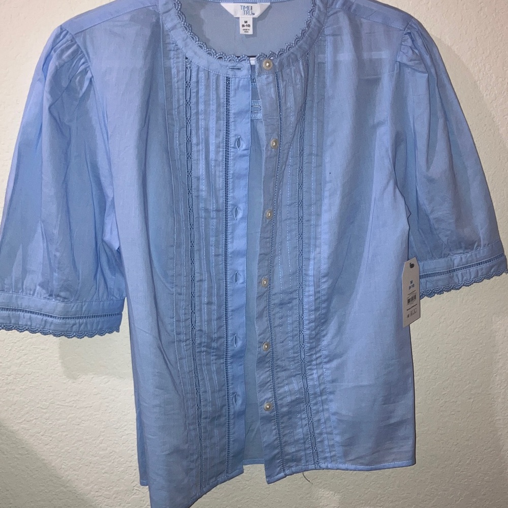 Time and Tru Blue Pintuck Button-Front Blouse with Lace Trim